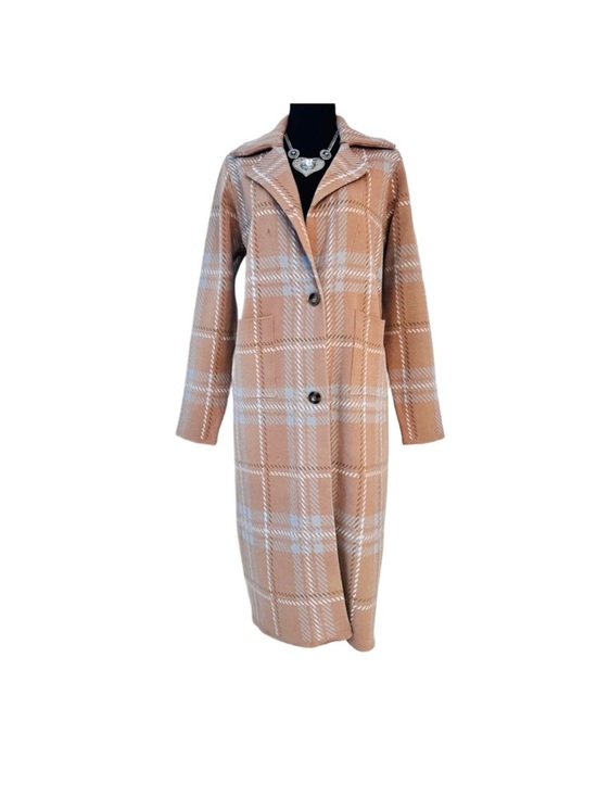 Accessorize Jackets & Blazers - LOVE + LUXE ~ Plaid Tan Longline Cardigan/Coat w/Hints of Blue and Off White